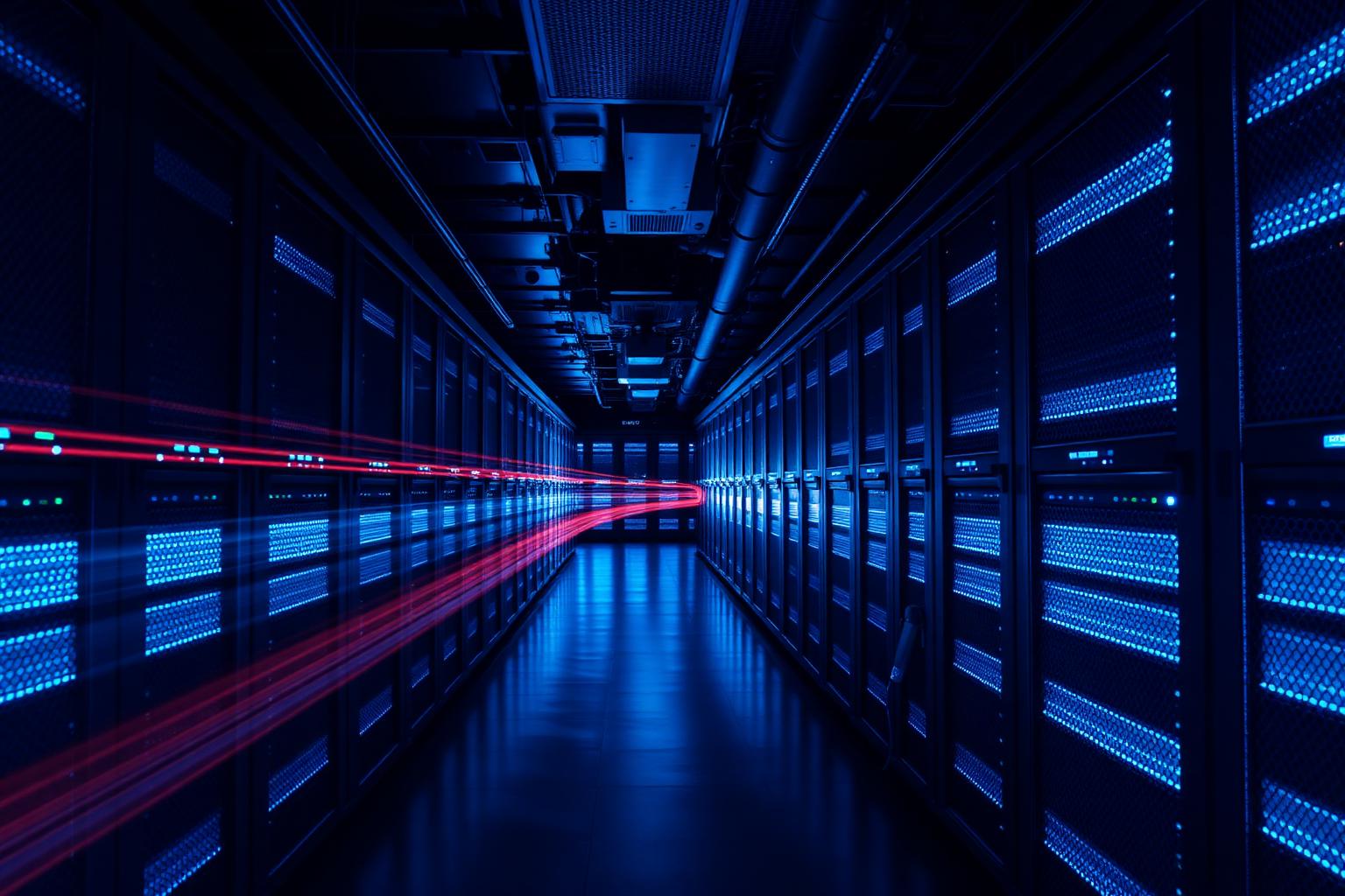 Late-night data center with red and blue light streaks