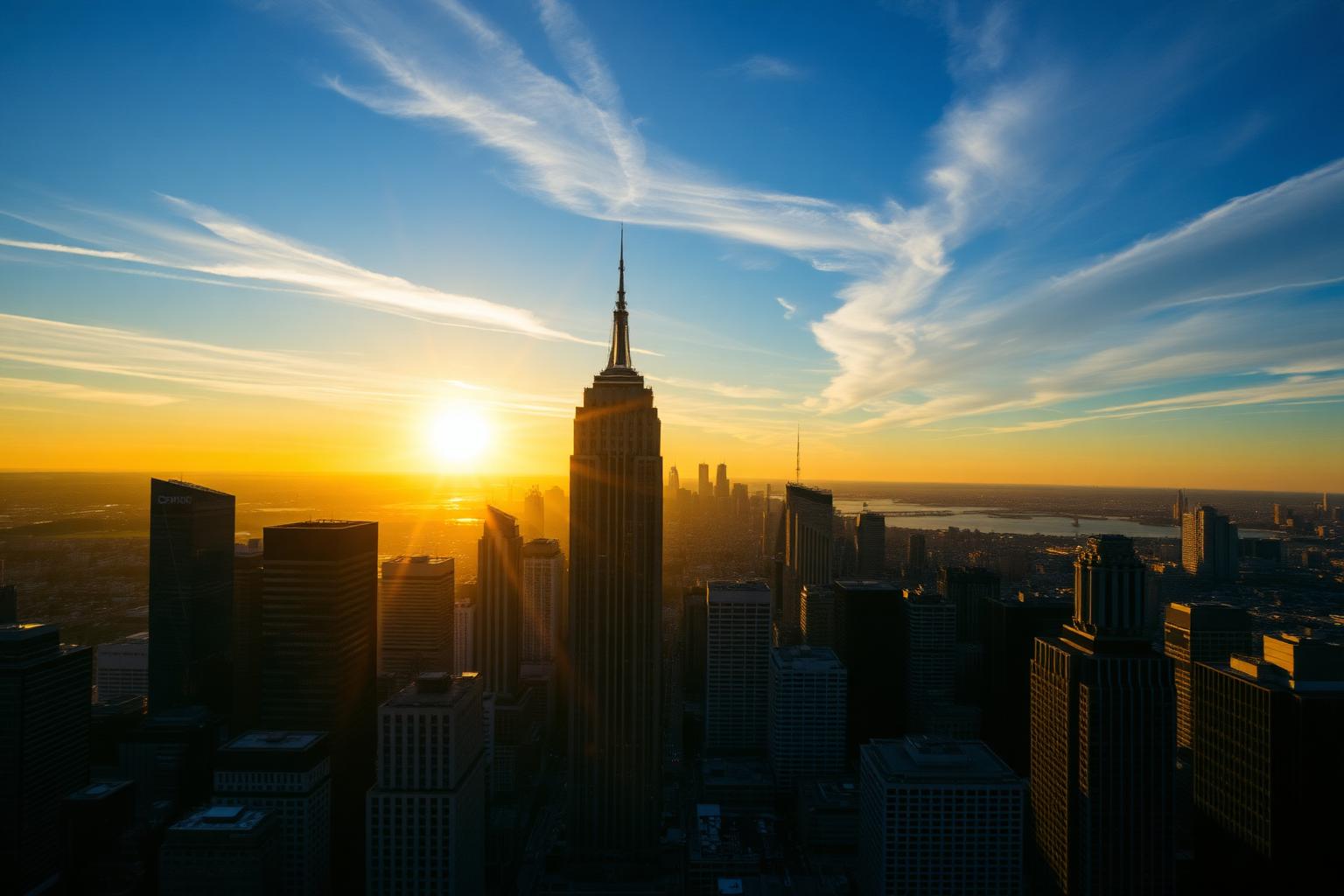 Sunrise over a financial district skyline